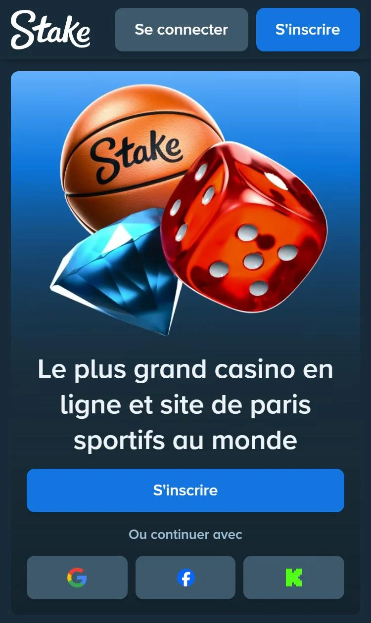 Stake.com ouvert dans le navigateur d'un téléphone, en français : boutons Se connecter et S'inscrire, inscription par Google, Facebook ou Kick