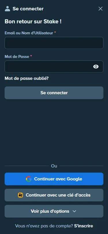 Fenêtre « Se connecter » de Stake en français : courriel ou nom d'utilisateur, mot de passe, lien « Mot de passe oublié? », connexion avec Google ou avec une clé d'accès