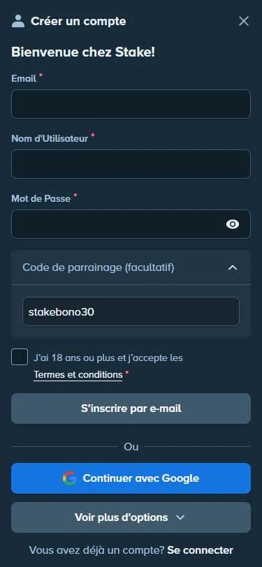 Formulaire « Créer un compte » de Stake en français, sur téléphone : courriel, nom d'utilisateur, mot de passe, et le champ « Code de parrainage (facultatif) » déjà rempli avec stakebono30
