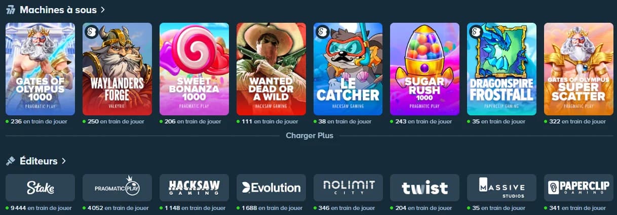 Rangée « Machines à sous » de Stake en français (Gates of Olympus 1000, Sweet Bonanza 1000, Sugar Rush 1000, Le Catcher...) et rangée « Éditeurs » (Pragmatic Play, Hacksaw Gaming, Evolution, Nolimit City...)