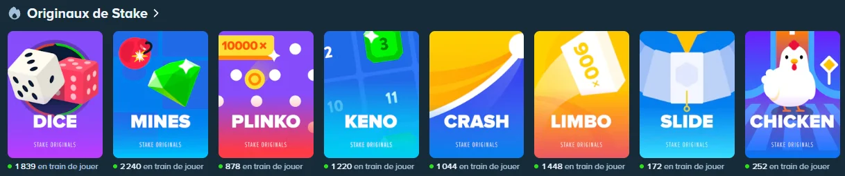 Rangée « Originaux de Stake » du casino en français : Dice, Mines, Plinko, Keno, Crash, Limbo, Slide et Chicken, avec le nombre de joueurs en cours