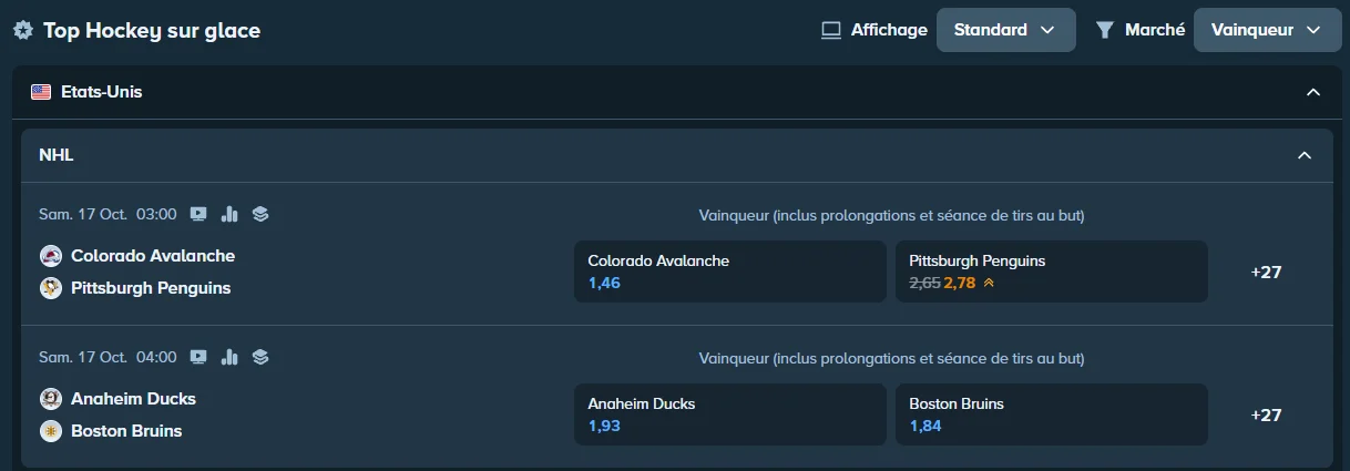 Paris sur le hockey dans Stake en français : matchs de la LNH avec la cote de chaque équipe (marché « Vainqueur », prolongations et tirs au but inclus)