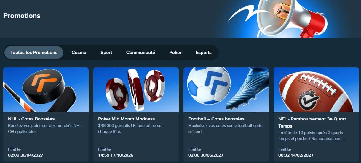 Page « Promotions » de Stake en français : onglets Casino, Sport, Communauté, Poker, Esports, et promotions en cours dont « NHL - Cotes boostées »